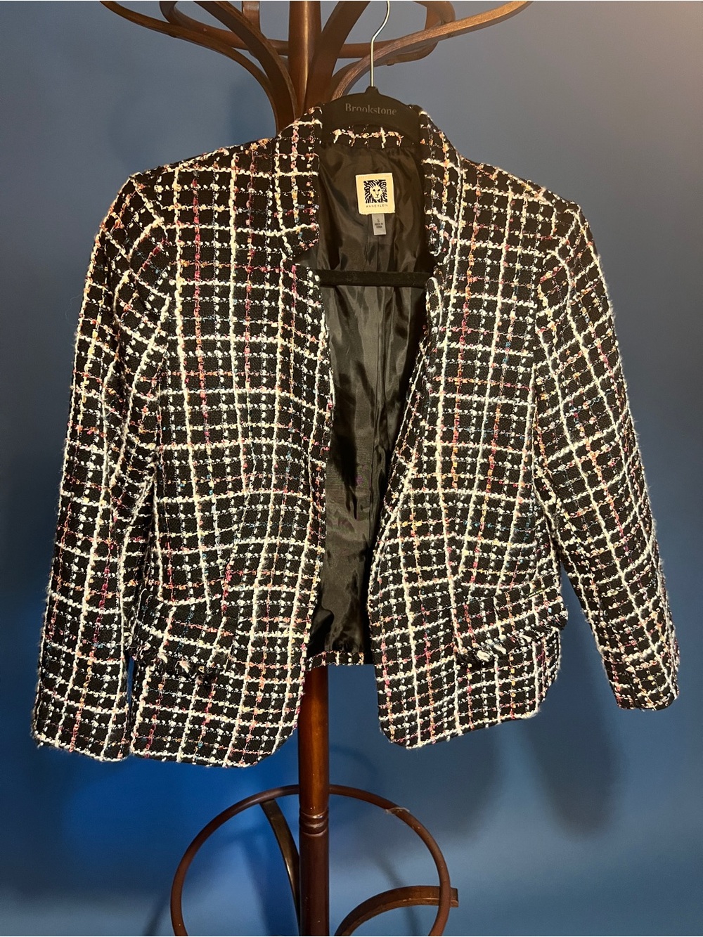 Anne Klein Tweed Open-Front Blazer Jacket in Black Multi